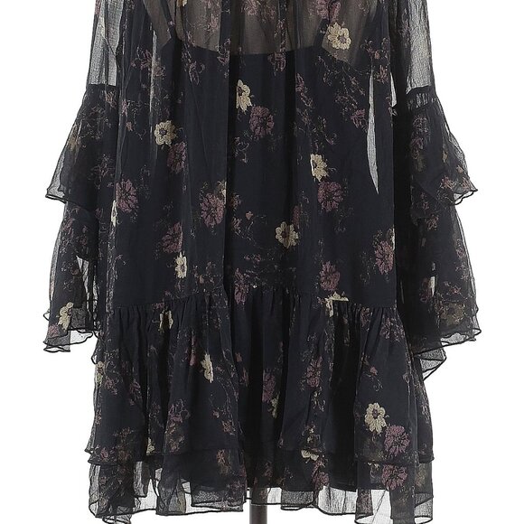 🌸 Free People Black Sheer Floral Ruffle Dress w/ Slip | Tie Neck Boho Romantic - Picture 8 of 14